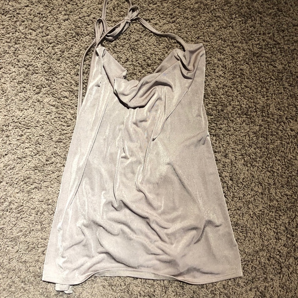 Taupe Shiny CowlNeck Open Back Halter Top